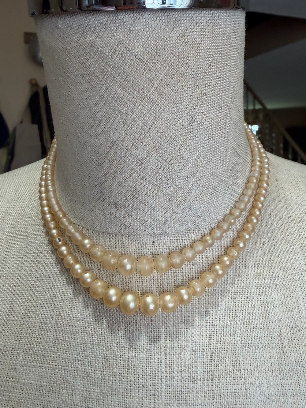 Vtg Mid Century Double Strand Graduated Faux Pearl Necklace Rhinestone Clasp